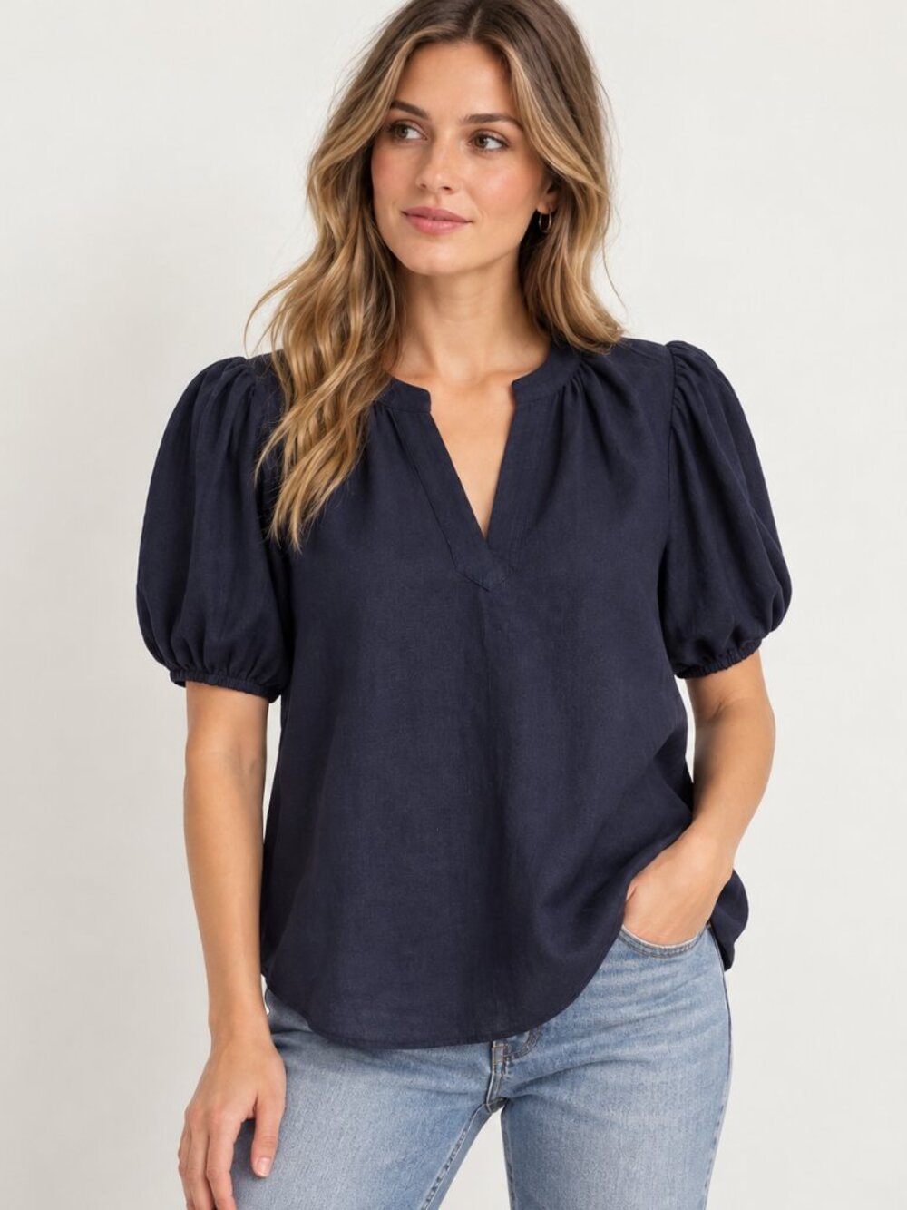 CeCe Linen Blend Blouse Womens L Navy Puff Sleeve Split Neck Top NWT $109